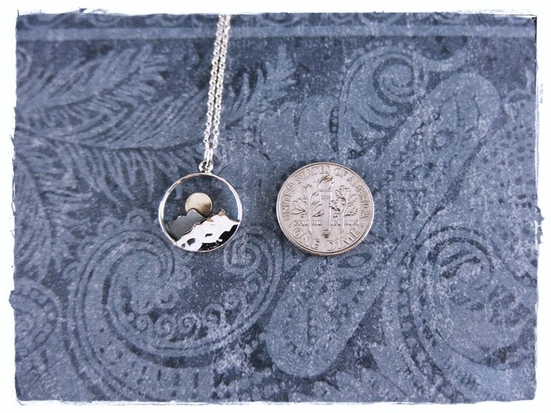 Bronze Rising Sun Mountain Necklace Sterling Silver and Bronze Rising Sun Mountain Charm on a Sterling Silver Cable Chain or Charm Only image 2