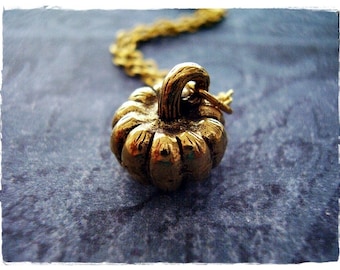 Gold Pumpkin Necklace - Antique Gold Pewter Pumpkin Charm on a Delicate Gold Plated Cable Chain or Charm Only