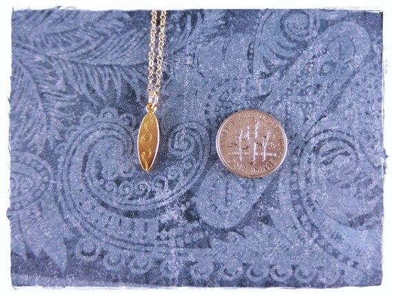 Tiny Gold Wave Surfboard Necklace - Matte 24kt Gold Plate Wave Surfboard Charm on a Delicate 14kt Gold Filled Cable Chain or Charm Only