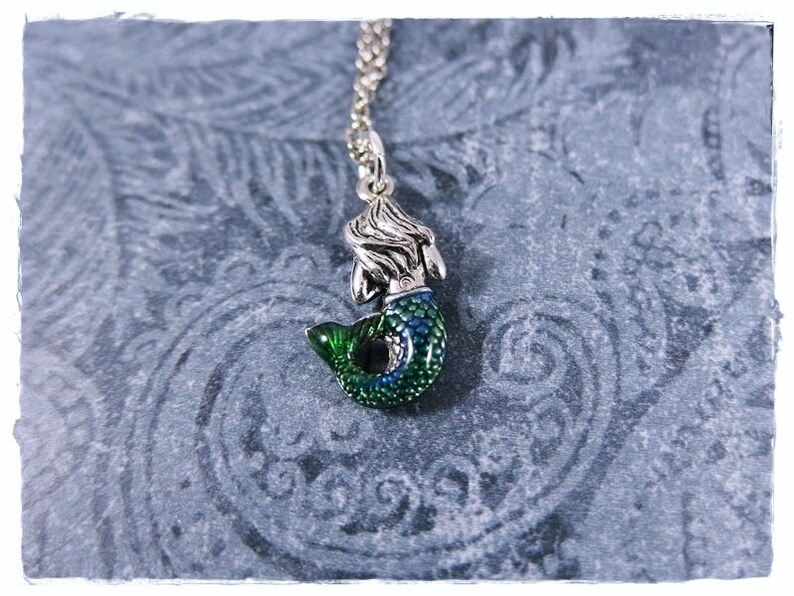 Blue Green Mermaid Necklace Blue Green Enameled Antique Pewter Mermaid Charm on a Delicate Silver Plated Cable Chain or Charm Only image 2