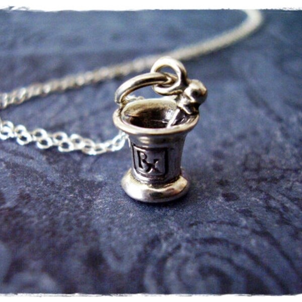 Tiny Rx Mortar and Pestle Necklace - Sterling Silver Rx Mortar and Pestle Charm on a Delicate 18 Inch Sterling Silver Cable Chain