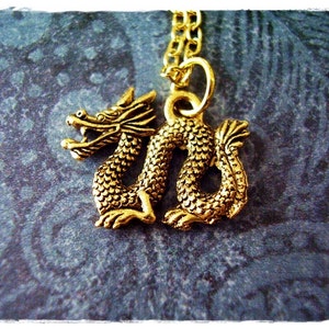 Gold Chinese Dragon Necklace - Antique Gold Pewter Chinese Dragon Charm on a Delicate Gold Plated Cable Chain or Charm Only