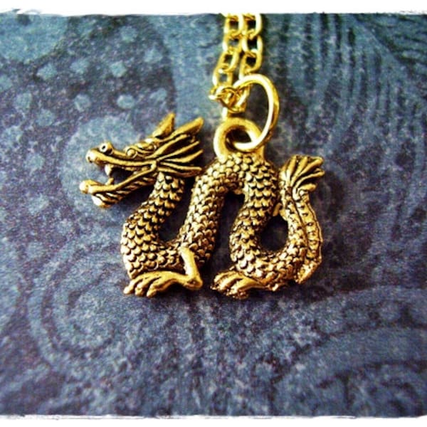 Gold Chinese Dragon Necklace - Antique Gold Pewter Chinese Dragon Charm on a Delicate Gold Plated Cable Chain or Charm Only