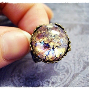 Round Amethyst Opal Glass Ring Round Amethyst Opal Glass Cabochon on an Ornate Antique Brass Filigree Band image 2