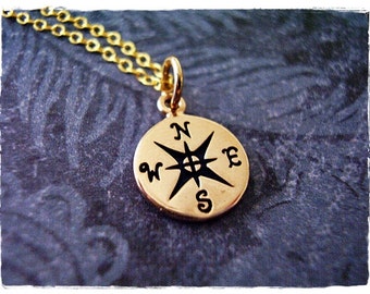 Gold Compass Necklace - Bronze Compass Charm on a Delicate 14kt Gold Filled Cable Chain or Charm Only