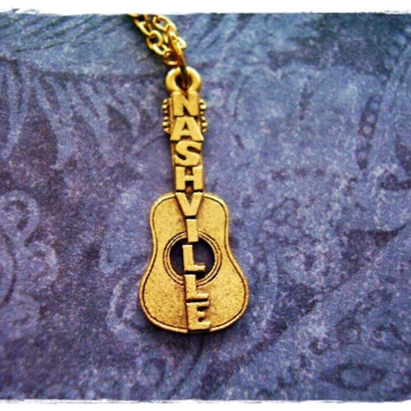 Gold Nashville Guitar Necklace - Antique Gold Pewter Acoustic Guitar Charm on a Gold Plated Stainless Steel Cable Chain or Charm Only