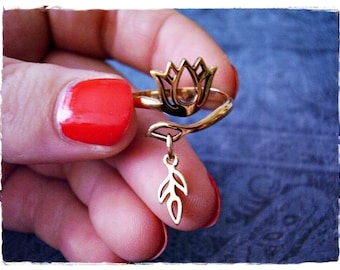 Gold Lotus Flower Ring - Solid Bronze Lotus Ring with Bronze Leaf Sprout Dangle
