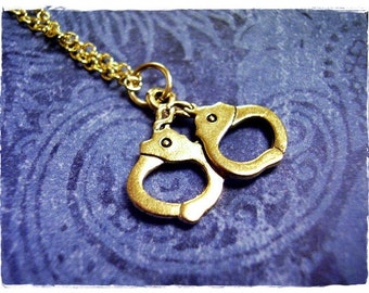 Gold Handcuffs Necklace - Antique Gold Pewter Handcuffs Charm on a Delicate Gold Plated Cable Chain or Charm Only