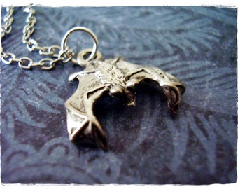 Silver Hanging Bat Necklace - Antique Pewter Hanging Bat Charm on a Delicate Silver Plated Cable Chain or Charm Only