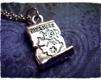Silver Treasure Map Necklace - Silver Pewter Treasure Map Charm on a Delicate Stainless Steel Cable Chain or Charm Only