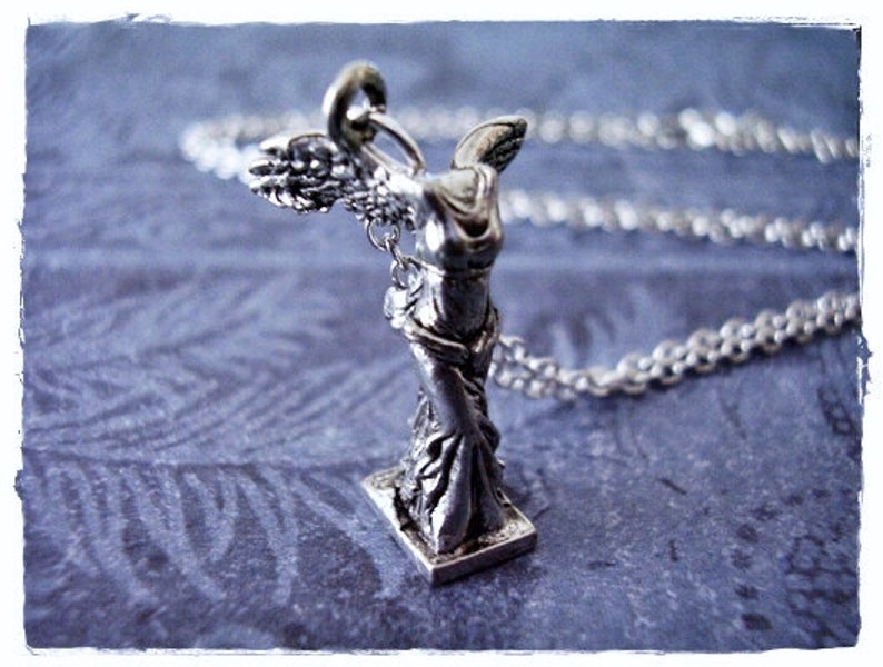 Silver Winged Victory Statue Necklace Antique Pewter Winged Victory Statue Charm on a Delicate Silver Plated Cable Chain or Charm Only image 1