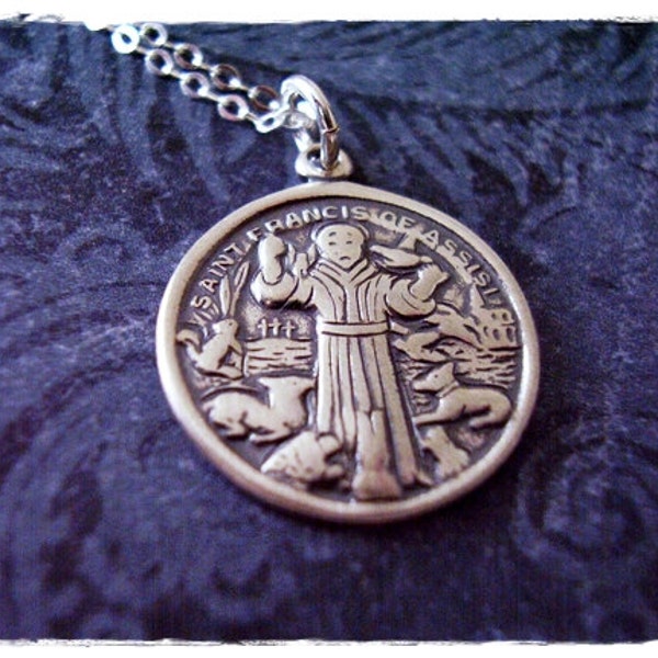 Round Saint Francis of Assisi Necklace - Sterling Silver Saint Francis of Assisi Charm on a Sterling Silver Cable Chain or Charm Only