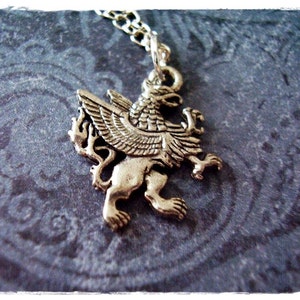 Silver Griffin Necklace - Antique Pewter Griffin Charm on a Delicate Stainless Steel Cable Chain or Charm Only
