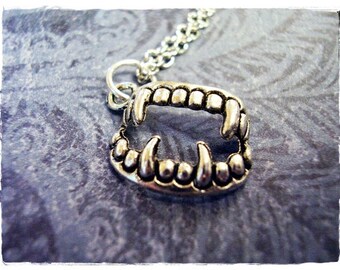 Silver Vampire Fangs Necklace - Antique Pewter Vampire Fangs Charm on a Delicate Stainless Steel Cable Chain or Charm Only