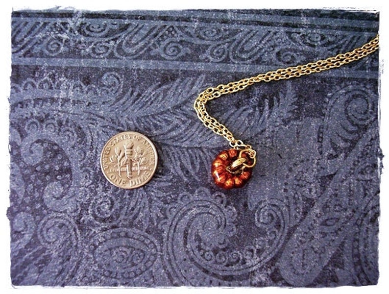 Orange Pumpkin Necklace Orange Enameled Antique Gold Pewter Pumpkin Charm on a Delicate Gold Plated Cable Chain or Charm Only image 3