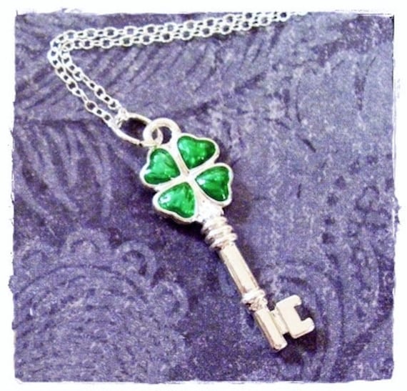 Green Clover Key Necklace - Green Enameled Silver Plate Clover Key