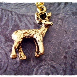 Gold Stag Necklace - Antique Gold Pewter Stag Charm on a Delicate Gold Plated Cable Chain or Charm Only