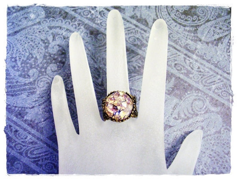 Round Amethyst Opal Glass Ring Round Amethyst Opal Glass Cabochon on an Ornate Antique Brass Filigree Band image 4