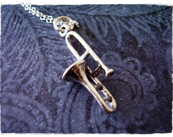 Silver Trombone Necklace - Sterling Silver Trombone Charm on a Delicate Sterling Silver Cable Chain or Charm Only