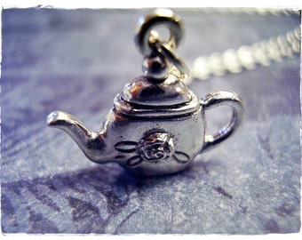 Silver Rose Tea Kettle Necklace - Silver Pewter Rose Tea Kettle Charm on a Delicate Silver Plated Cable Chain or Charm Only