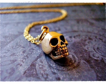 Gold Skull Necklace - Bronze Skull Charm on a Delicate 14kt Gold Filled Cable Chain or Charm Only