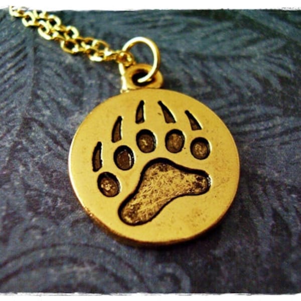 Gold Bear Paw Print Necklace - Antique Gold Pewter Bear Paw Print Charm on a Delicate Gold Plated Cable Chain or Charm Only