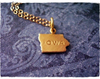 Tiny Gold Iowa State Necklace - Raw Brass Iowa Charm on a Delicate 14kt Gold Filled Cable Chain or Charm Only