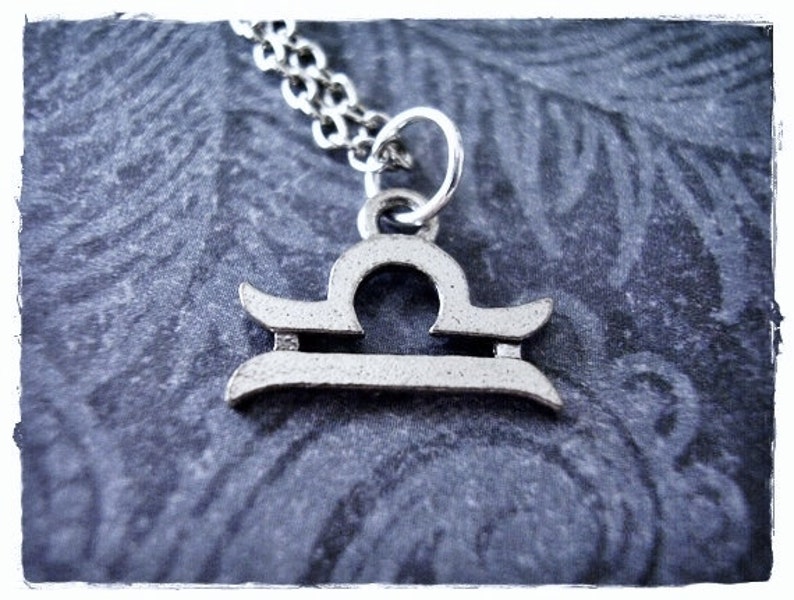 Silver Libra Zodiac Sign Necklace - Antique Pewter Libra Zodiac Sign Charm on a Delicate Stainless Steel Cable Chain or Charm Only image 1