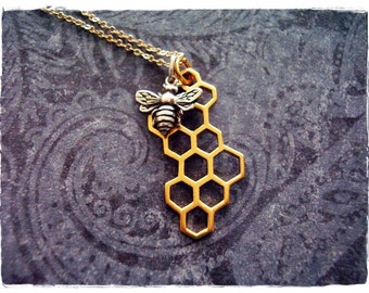 Silver Honeybee and Honeycomb Necklace - Gold Honeycomb and Sterling Silver Honeybee Charms on a 14kt Gold Filled Cable Chain or Charms Only