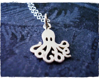 Silver Flat Plate Octopus Necklace - Sterling Silver Octopus Charm on a Delicate Sterling Silver Cable Chain or Charm Only