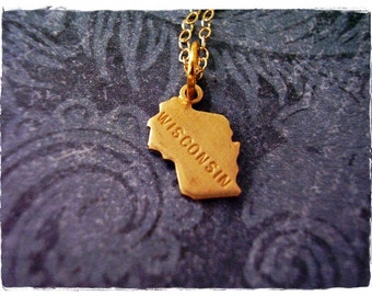 Tiny Gold Wisconsin State Necklace - Raw Brass Wisconsin Charm on a Delicate 14kt Gold Filled Cable Chain or Charm Only