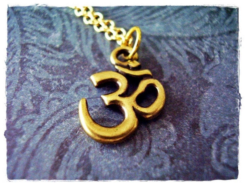 Gold Om Symbol Necklace Antique Brass Pewter Om Charm on an Gold Plated Cable Chain or Charm Only image 1