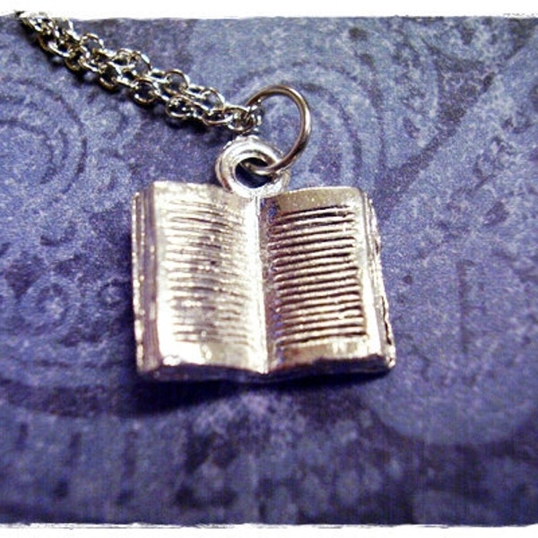 Silver Open Book Necklace - Silver Pewter Open Book Charm on a Delicate Silver Plated Cable Chain or Charm Only