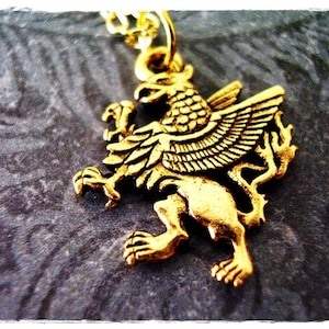 Gold Griffin Necklace - Antique Gold Pewter Griffin Charm on a Delicate Gold Plated Cable Chain or Charm Only
