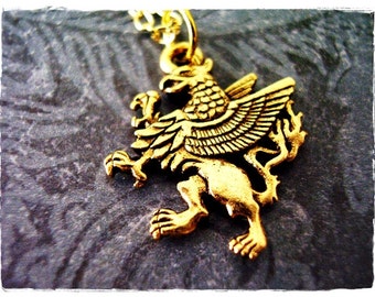 Gold Griffin Necklace - Antique Gold Pewter Griffin Charm on a Delicate Gold Plated Cable Chain or Charm Only