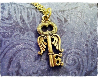 Gold Angel Key Necklace - Antique Gold Pewter Angel Key Charm on a Delicate Gold Plated Cable Chain or Charm Only