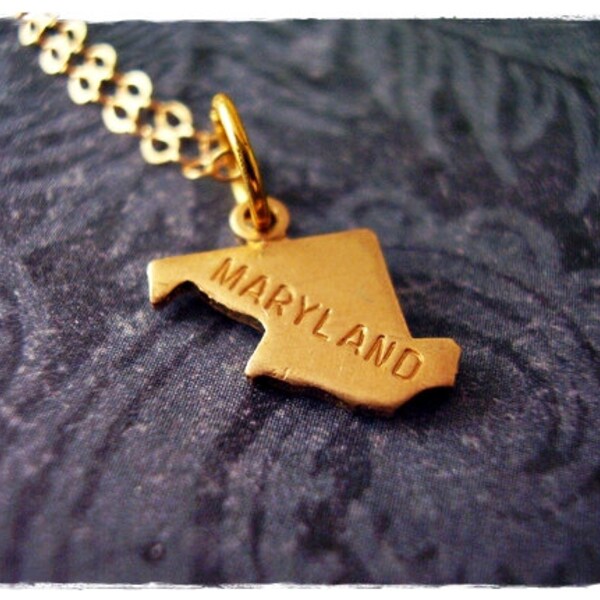 Tiny Gold Maryland State Necklace - Raw Brass Maryland Charm on a Delicate 14kt Gold Filled Cable Chain or Charm Only
