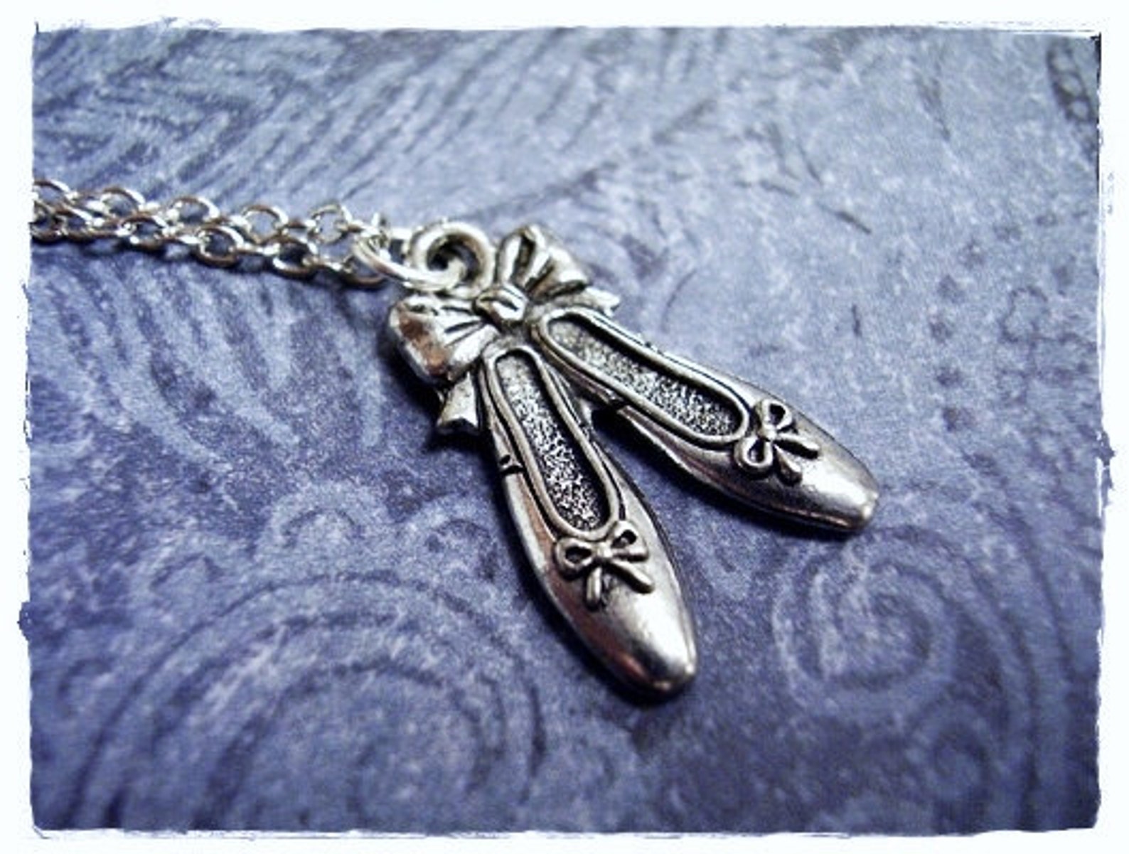 silver ballet slippers necklace - antique pewter ballet slippers charm on a delicate silver plated cable chain or charm only