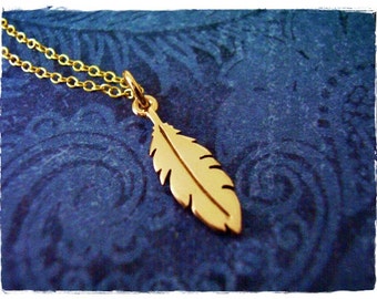 Tiny Gold Feather Necklace - Bronze Feather Charm on a Delicate 14kt Gold Filled Cable Chain or Charm Only
