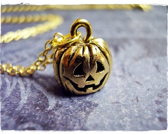 Gold Jack O' Lantern Pumpkin Necklace - Antique Gold Pewter Jack O'Lantern Charm on a Delicate Gold Plated Cable Chain or Charm Only