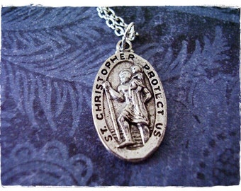 Silver Saint Christopher Medallion Necklace - Antique Pewter St Christopher Medallion Charm on a Stainless Steel Cable Chain or Charm Only