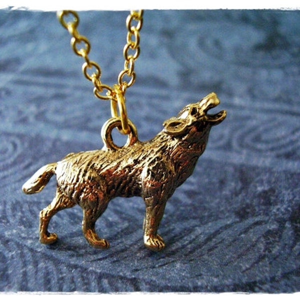 Gold Howling Wolf Necklace - Antique Gold Pewter Howling Wolf Charm on a Delicate Gold Plated Cable Chain or Charm Only