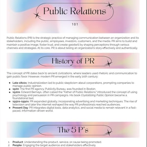 May include: A diagram outlining the history and key principles of public relations. The diagram includes a timeline of key events in the history of PR, as well as a list of the five Ps of public relations: product, people, positioning, promotion, and perception.