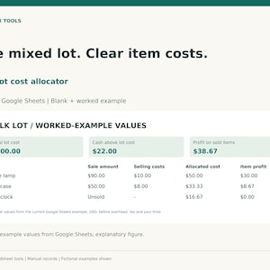 May include: A digital spreadsheet tool titled Reseller Tools, Bulk-lot cost allocator. The document displays a table with columns for Item, Sale amount, Selling costs, Allocated cost, and Item profit, featuring worked-example values for a table lamp, tool case, and wall clock.