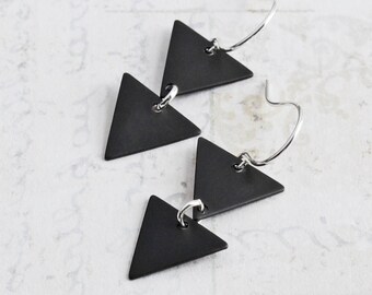 Black Dangle Earrings, Oxidized Black Triangle Earrings on Silver Plated Hooks, Two Triangle Drop Earrings, Geometric Jewelry