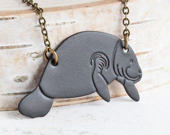 Manatee Necklace, Oxidized Black Brass Pendant on Antiqued Brass Chain, Animal Lover Gift, Hand Patina Jewelry
