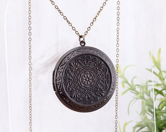 Large Round Oxidized Brass Locket Necklace, Lightweight Floral Locket Pendant, Long Layering Necklace, Fashion Jewelry