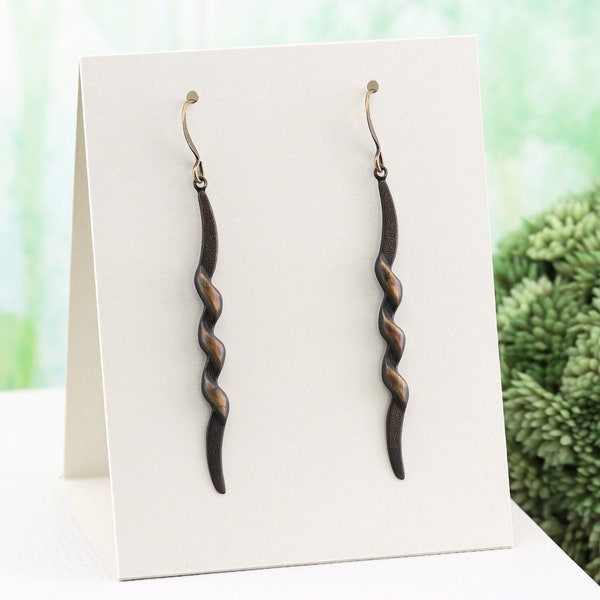 Swirly Stick Drop Earrings, Hand Oxidized Darkened Brass Dangle Earrings, Lightweight Fashion Jewelry