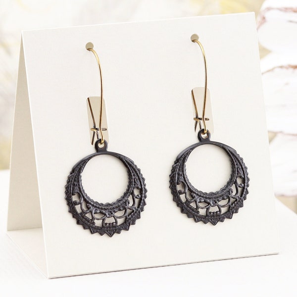 Black Filigree Earrings, Hand Oxidized Brass Round Dangle Earrings, Lightweight Boho Chic Style Jewelry (22mm)