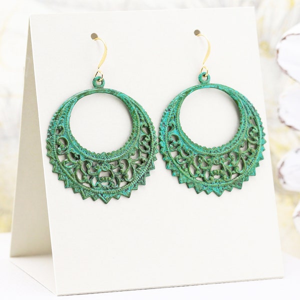 Large Green Patina Round Filigree Earrings, Lightweight Hand Aged Verdigris Brass Dangle Earrings, Boho Chic Style Jewelry (37mm)